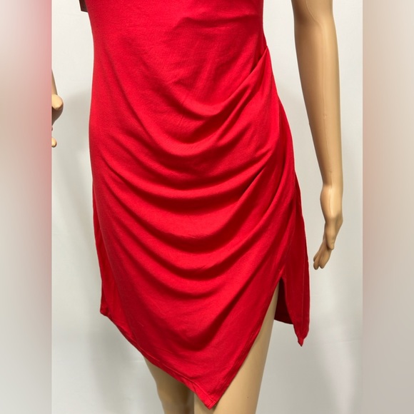 Halara Red Asymmetrical Mini Dress Side Ruching & Slit Open Tie Back Sof… - Picture 3 of 12